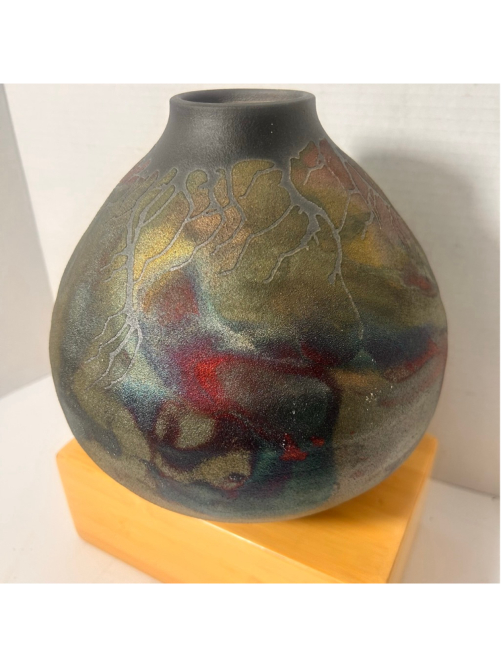 Vintage Art Pottery aceramic Home Floral Raku Vase Green Iridescent Home Decor